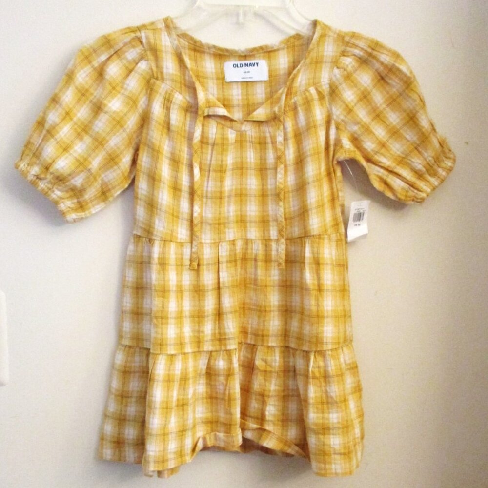 NWT! Old Navy Girls yellow plaid short sleeve tiered hem dress, Size XS/5